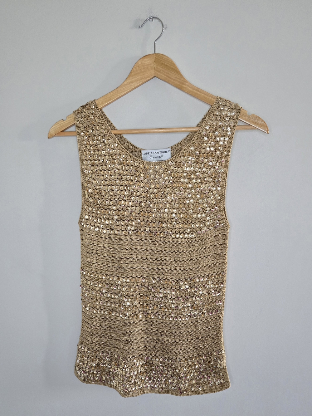Papell Boutique metallic gold sequin hand crochet knit tank, nwot, holiday party